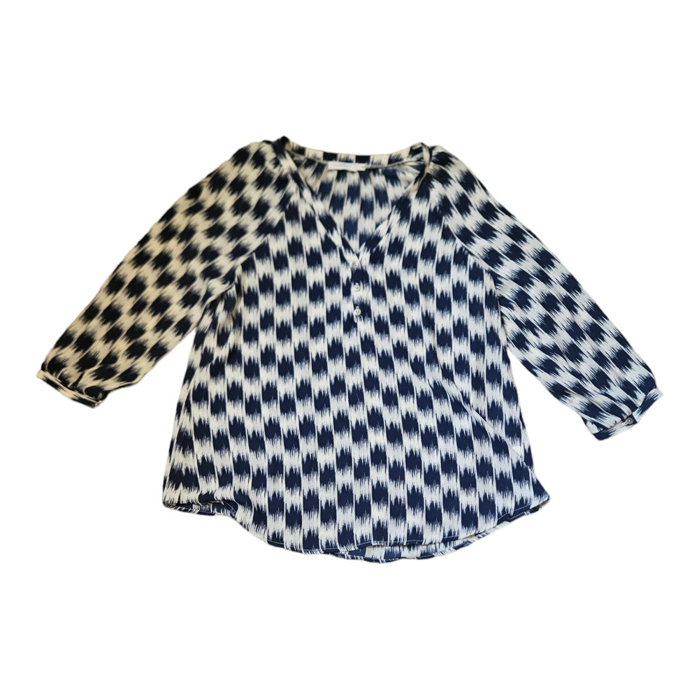 Lush Medium Long Sleeve Sheer V-Neck Blue And White Shirt *small Flaw*